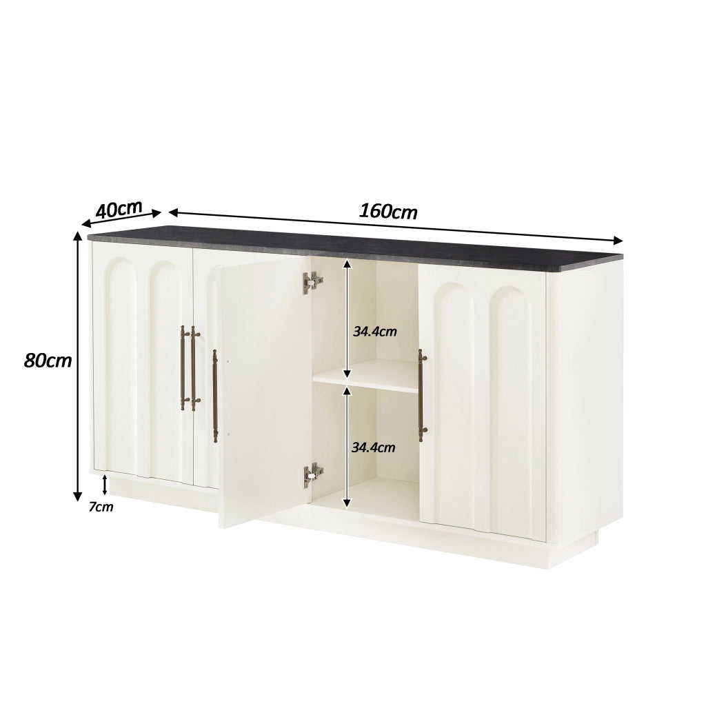 Madia con 4 ante e ripiani con chiusura ammortizzata e fissaggio a parete per soggiorno; in MDF; bianco e nero; 160×40×80 cm