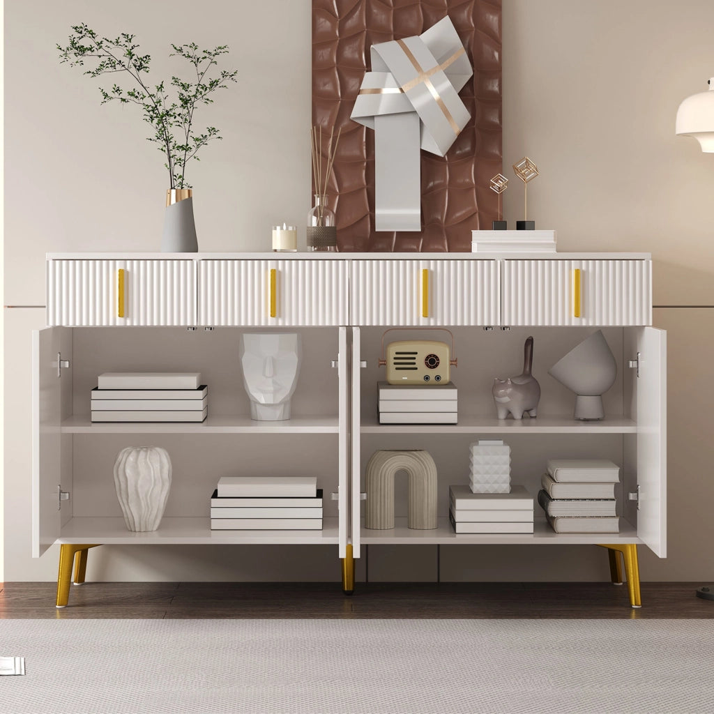 Credenza Bianca con Dettagli Oro 140 cm; Mobile Buffet 4 Ante e 4 Cassetti in MDF; Design Curvo per Soggiorno e Sala da Pranzo