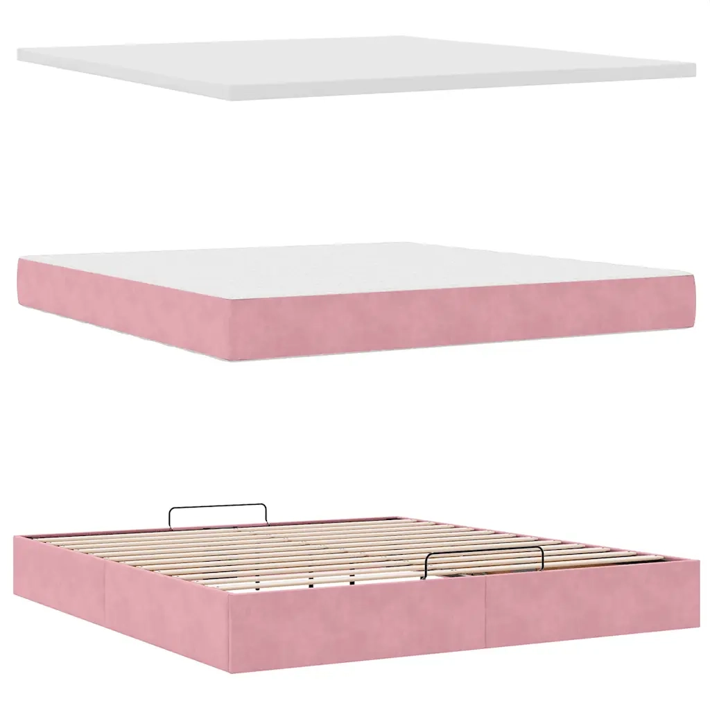 Struttura Letto Pouf con Materasso Rosa 160x200 cm in Velluto 3311716