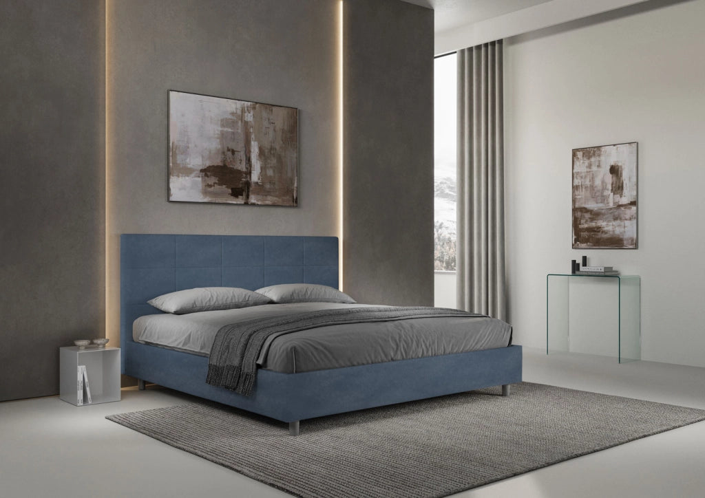 BS COM Letto matrimoniale king size senza rete imbottito 190x200 microfibra blu