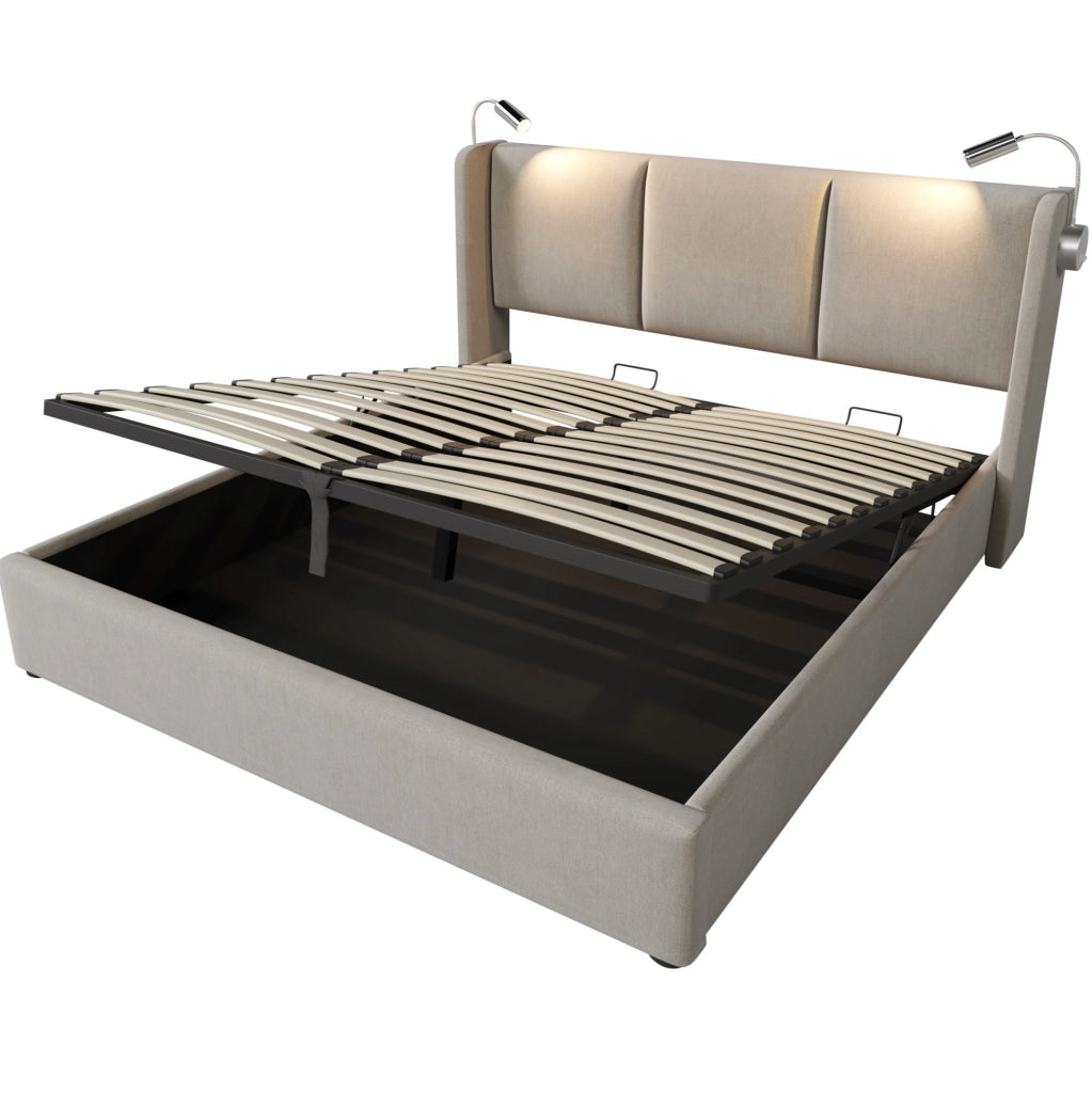 Letto 180x200 cm con contenitore; luce da lettura e ricarica USB in lino beige