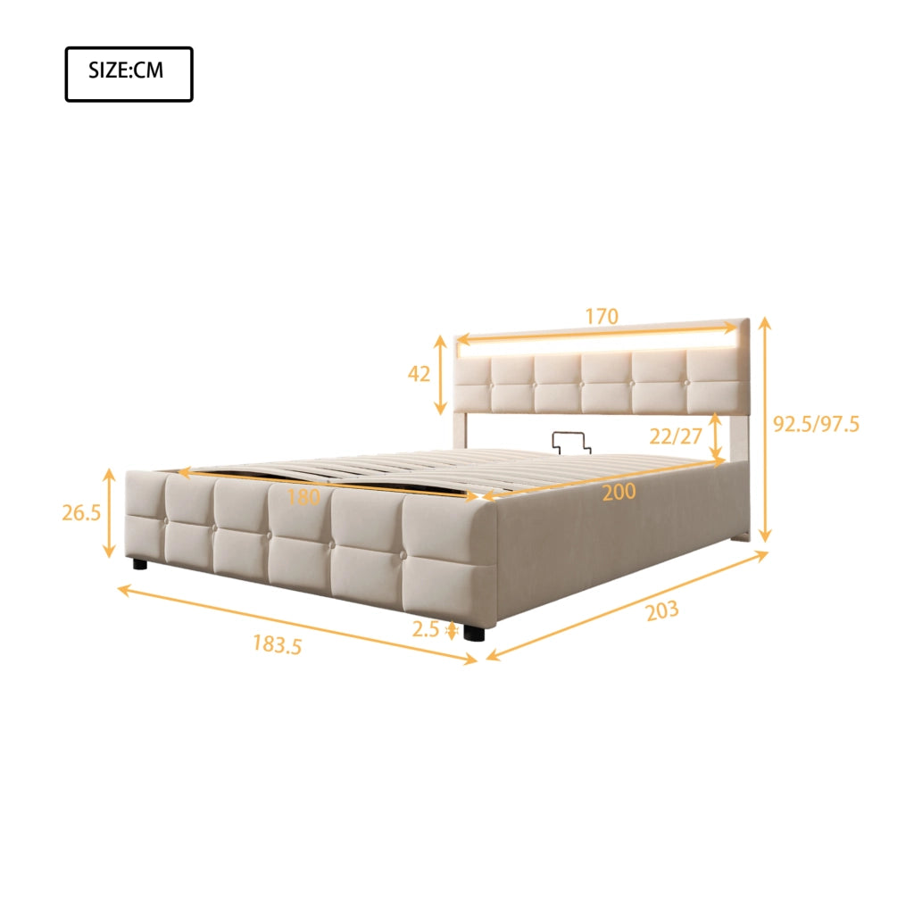 Letto imbottito 180x200 cm con LED e vano contenitore idraulico