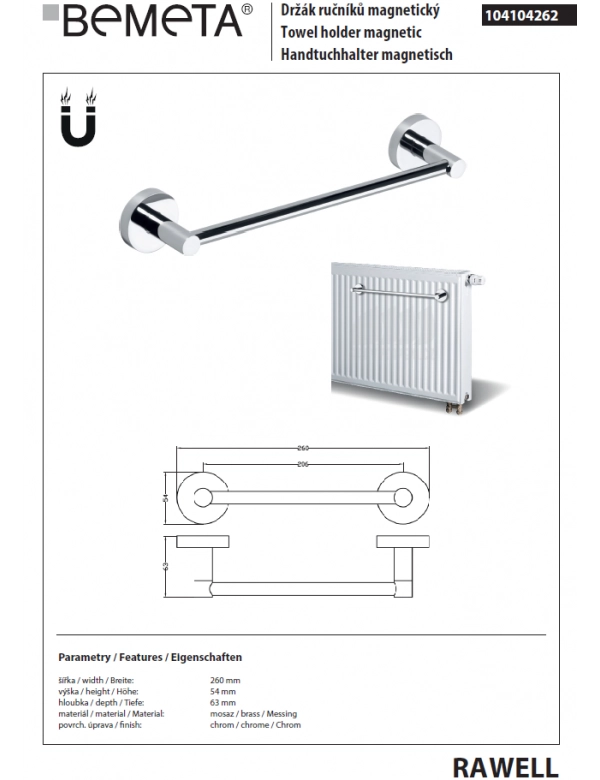 Porta asciugamani magnetico RAWELL per radiatore 26x5,4x6,3 cm in cromo