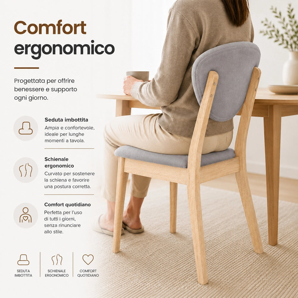 Set 2 Sedie da Pranzo in Legno Chiaro Rivestimento in Tessuto Grigio 52x47x84 cm