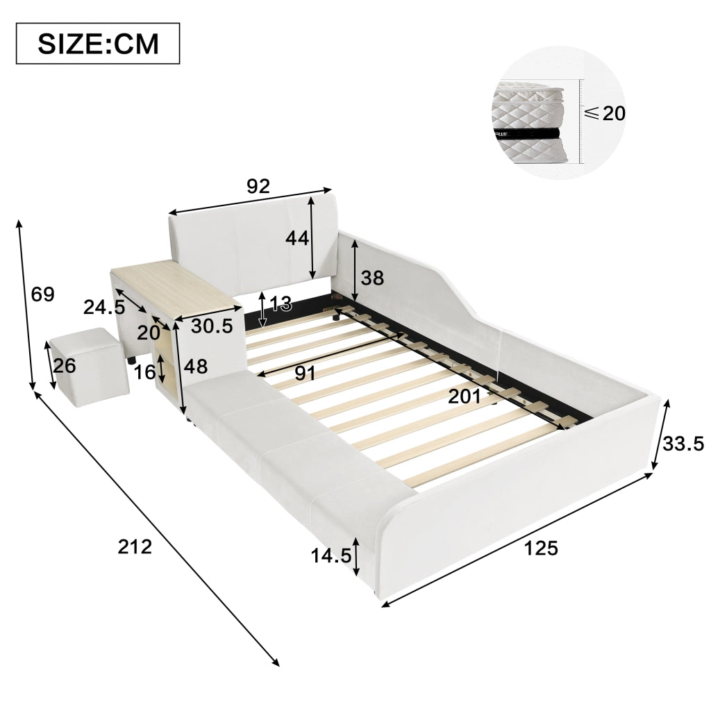 LETTO singolo 90x200 cm in velluto bianco con scrivania e sgabello