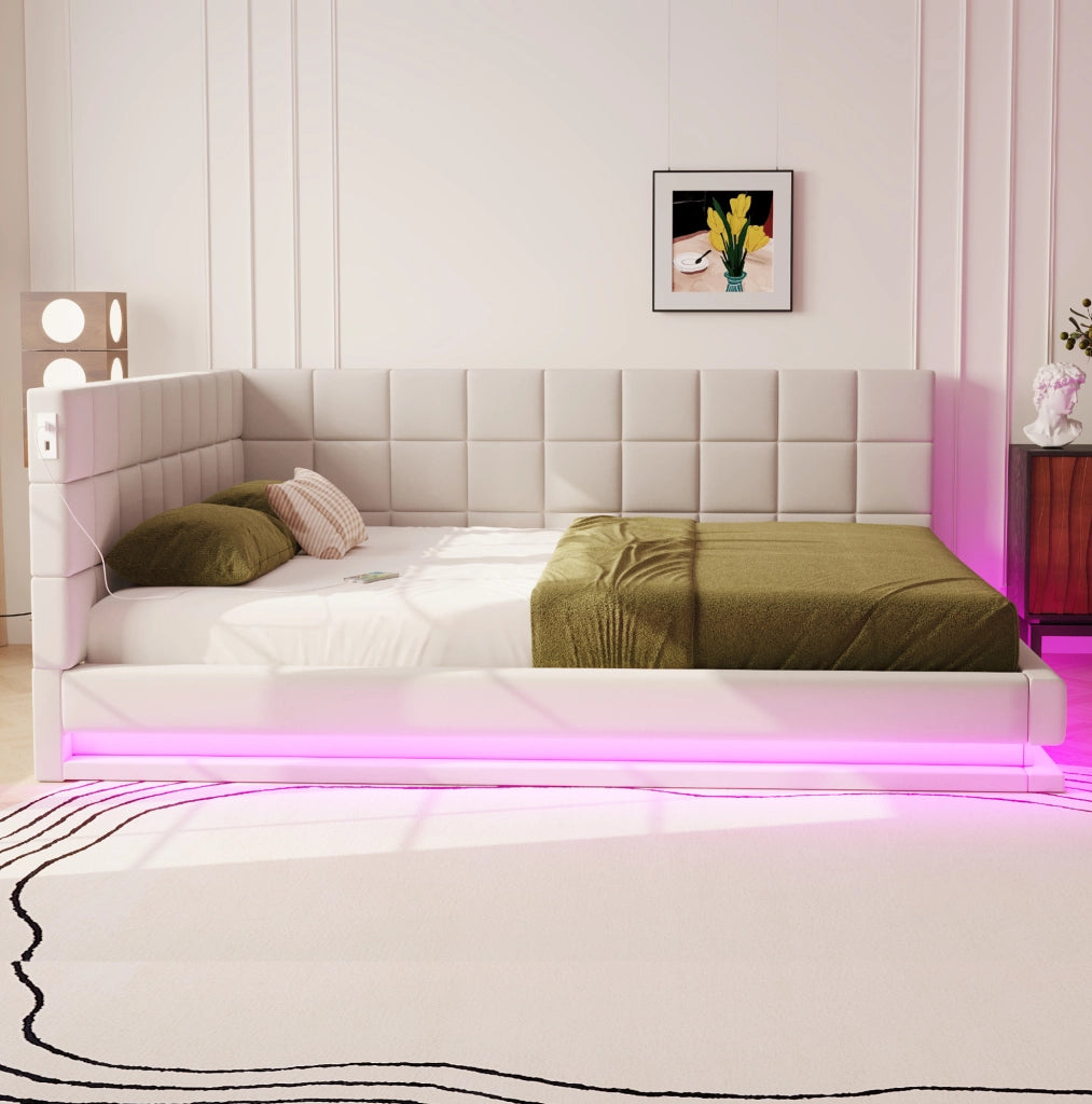Divano letto 160x200 in tessuto beige con LED, USB e rete a doghe