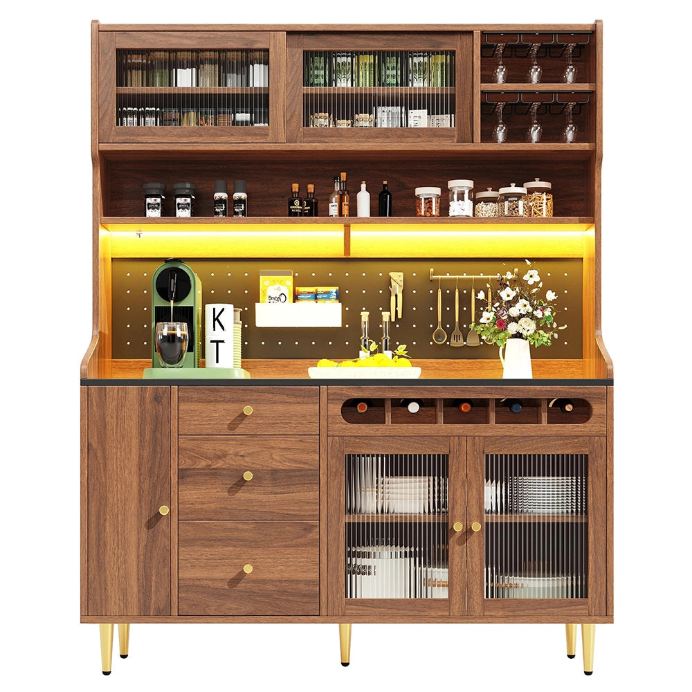 Armadio alto per soggiorno - Xylo - 145¡Á39¡Á171 cm - Noce - Ripiani regolabili, illuminazione LED, cassetto porta bottiglie