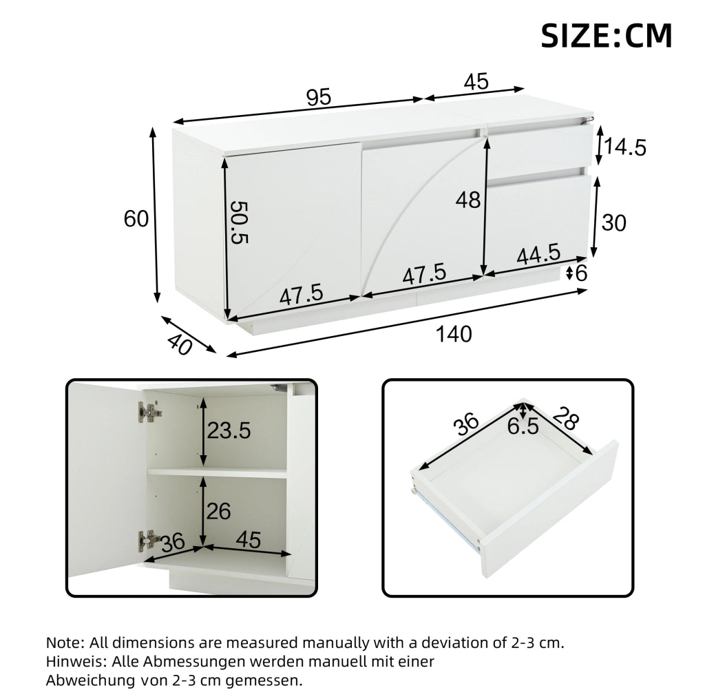 Sideboard bianco 140x40x60 cm con 3 ante; 1 cassetto; LED e ripiani regolabili in MDF