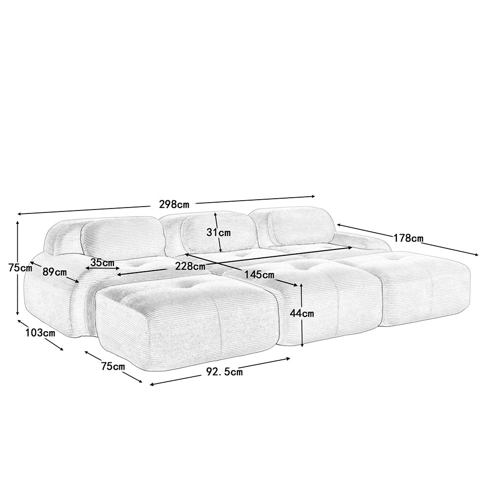 Set 3 posti + 3 pouf in velluto - Xylo - Braccioli XL, imbottitura 32D, home cinema, beige