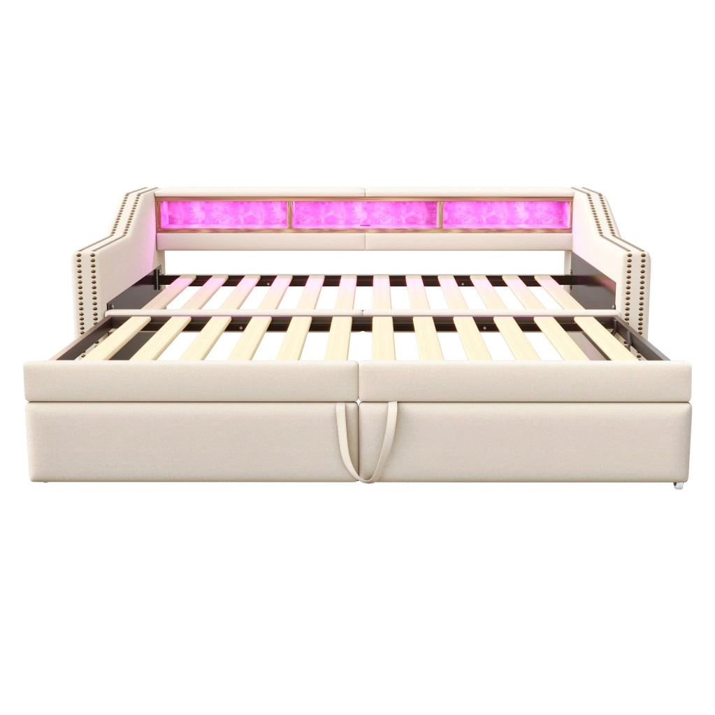 Divano letto estraibile 90/180x200 cm con vani laterali, LED e USB