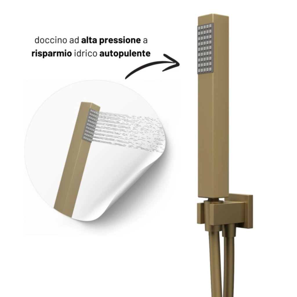 Set per doccia soffione quadro in acciaio inox 25x25 millimetri color oro *** finitura- oro matt satinato, confezione 1