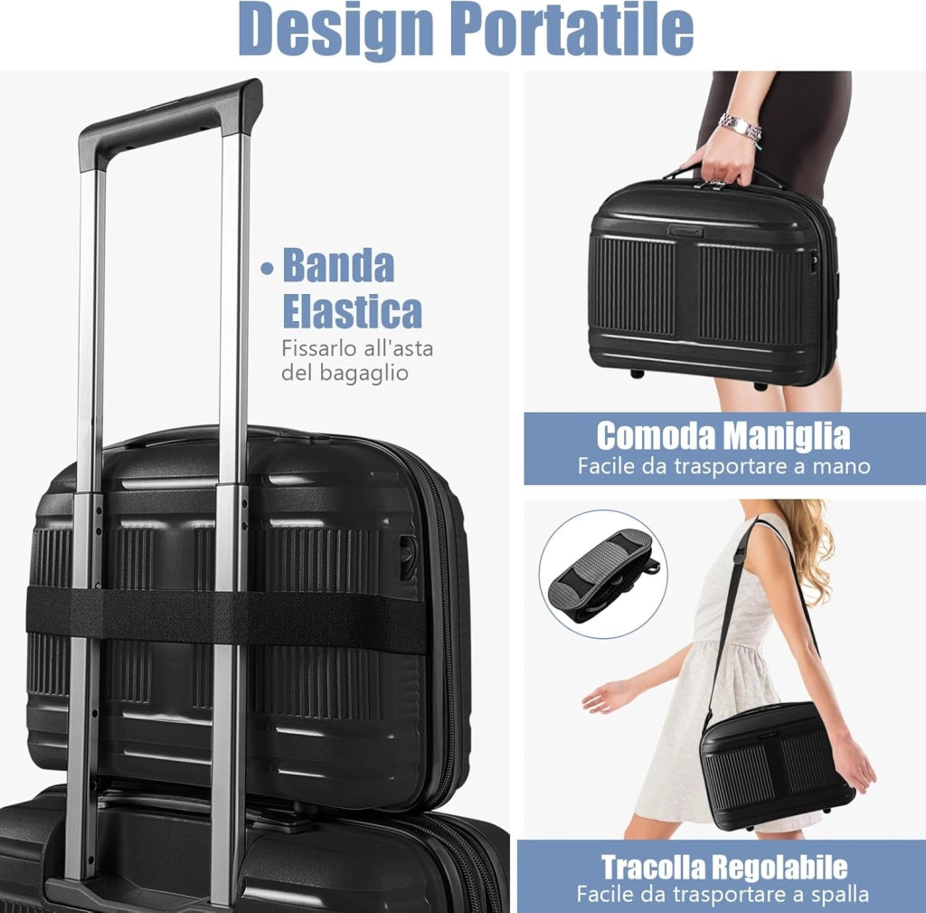 Set di Bagagli da 2 Pezzi, Valigia Trolley da 20" e Casetta da Trucco da 14" in Materiale PP Rigido Leggero con Lucchetto TSA, Porta USB e Ruote Girevoli, Bagaglio a Mano Espandibile (Nero)
