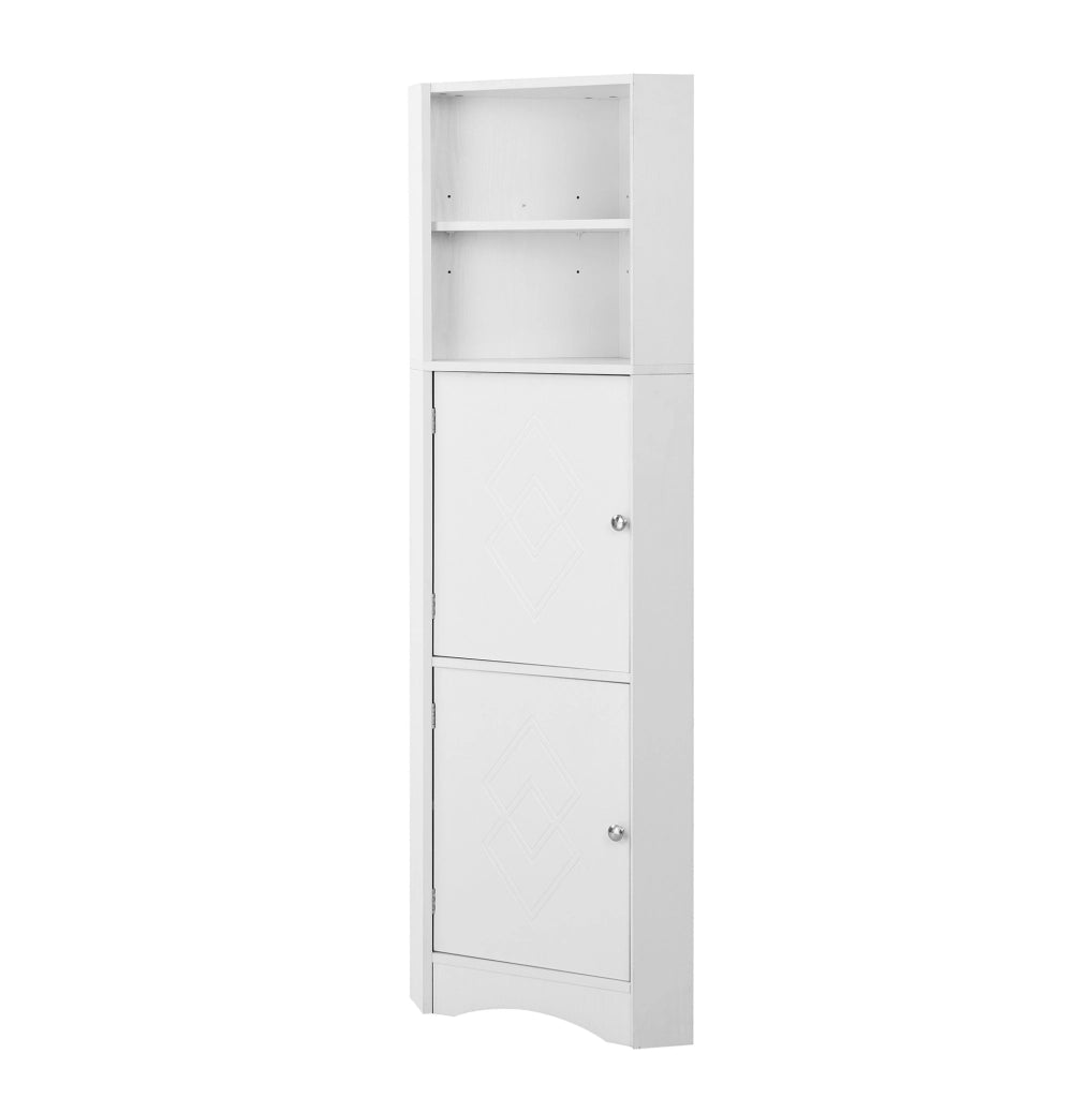 Mobile bagno angolare con ripiani aperti e anta decorata in truciolare bianco