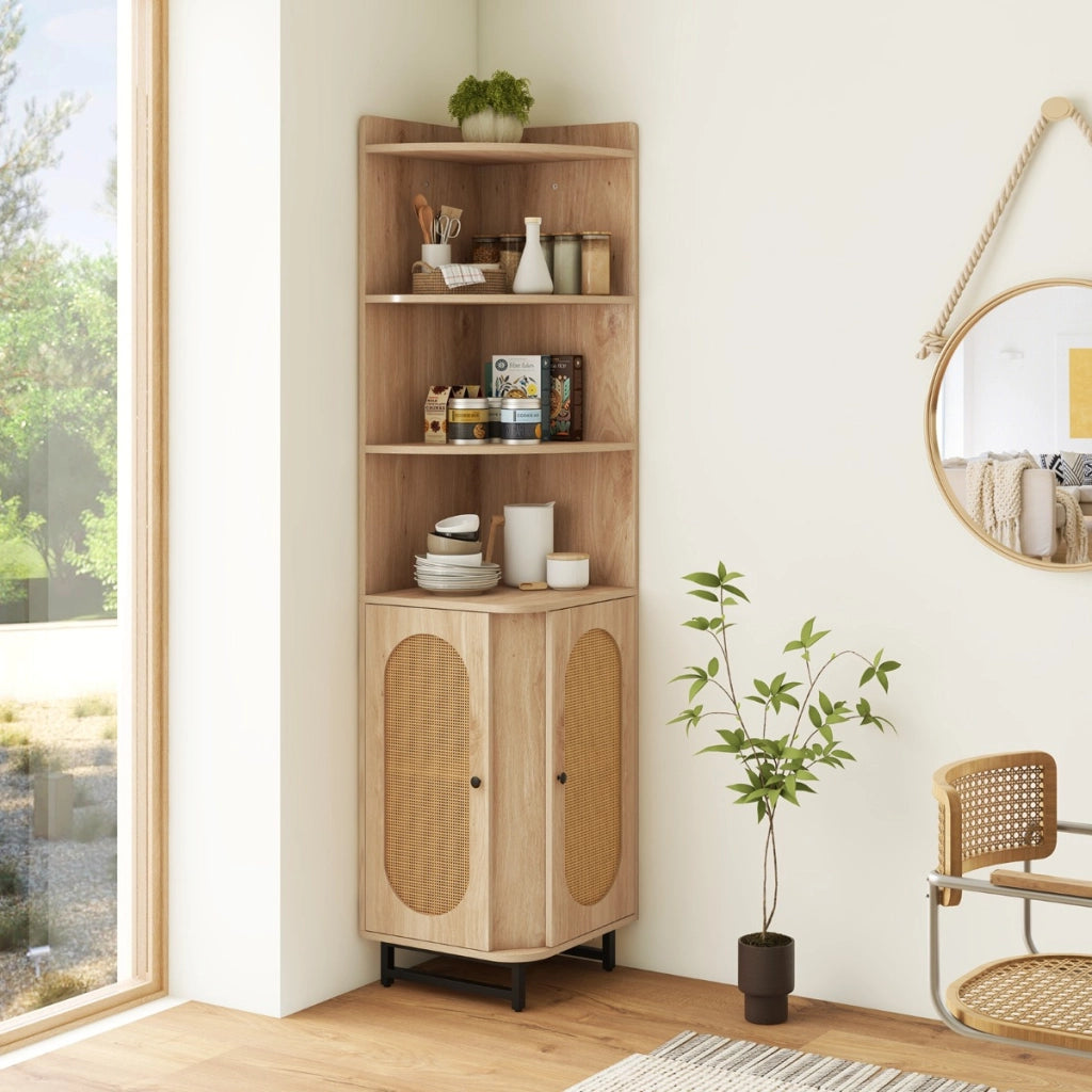 Armadio angolare in rattan PE con 2 porte e 4 scomparti aperti, Libreria angolare alta 172cm bagno soggiorno