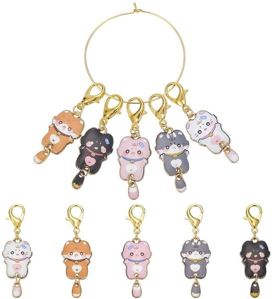 Segnali per Aghi da Maglia 10 Pezzi - Segnalatori per Maglia - Disegni di Gatti - Acciaio/Email - 47 mm Lungo - Accessori Creativi