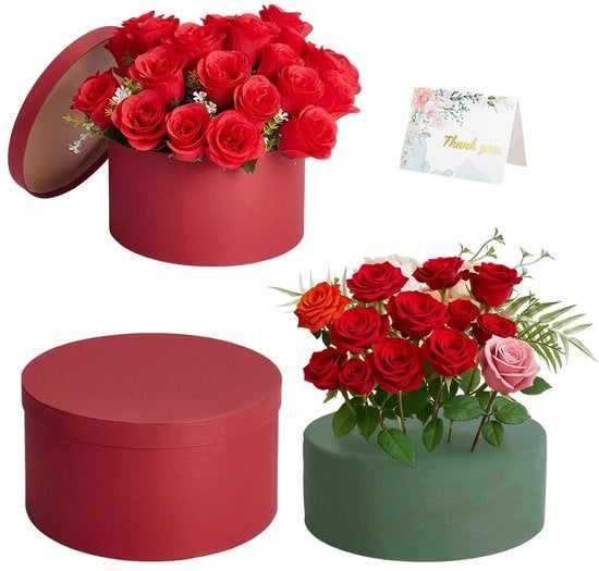 Scatola di Regalo Rossa - Scatola di Regalo Rotonda con Coperchio - Set di Schiuma per Fiori - 23,4 x 12,5 cm - Carta dei Desideri - Ideale per la Festa della Mamma/Jubileo - Confezione di Regalo