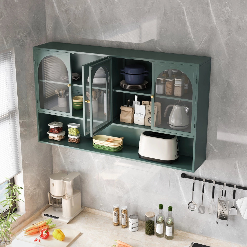 Pensile a 4 ante in vetro e metallo, stile industriale, per cucina e soggiorno, verde scuro, 120 × 23 × 70 cm