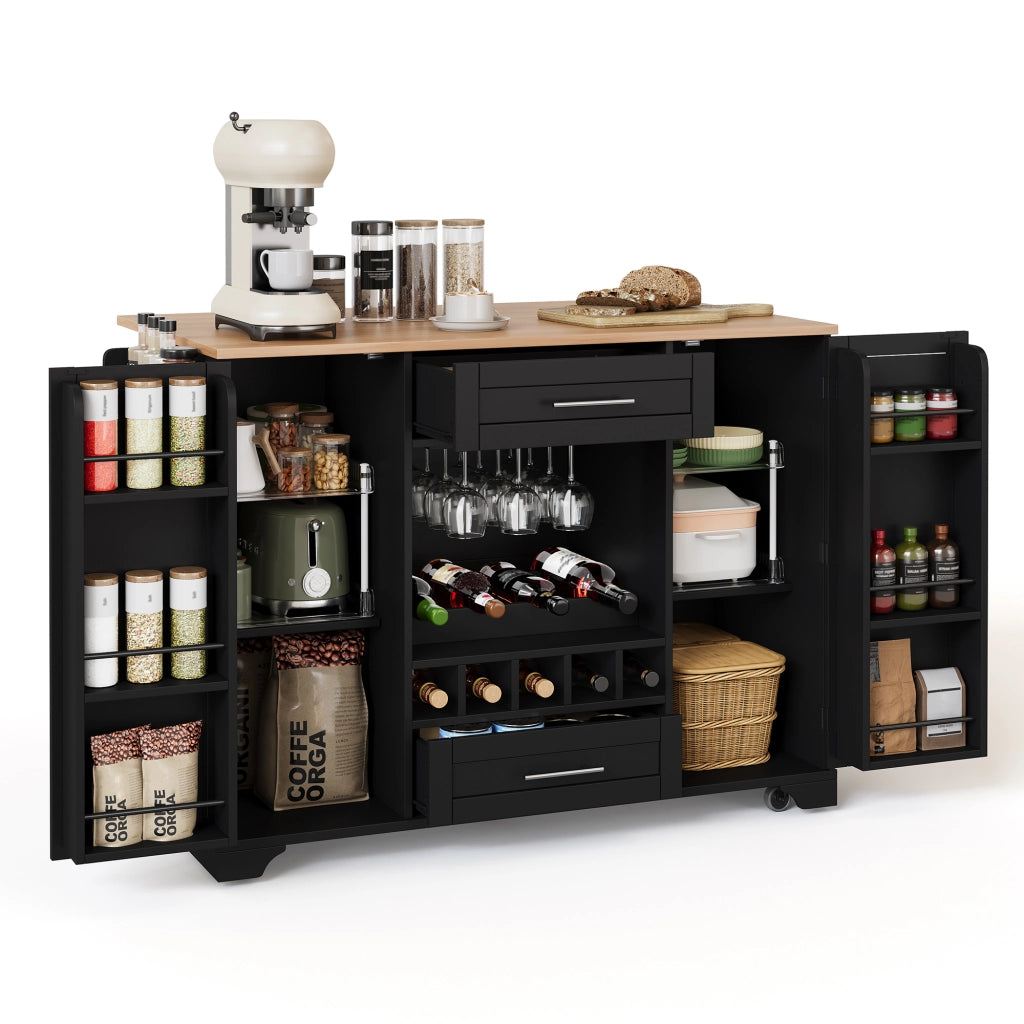 Carrello da Cucina Multifunzione con Piano Pieghevole, Portabottiglie, Portabicchieri ¨C Xylo ¨C Nero, 120x45x92 cm