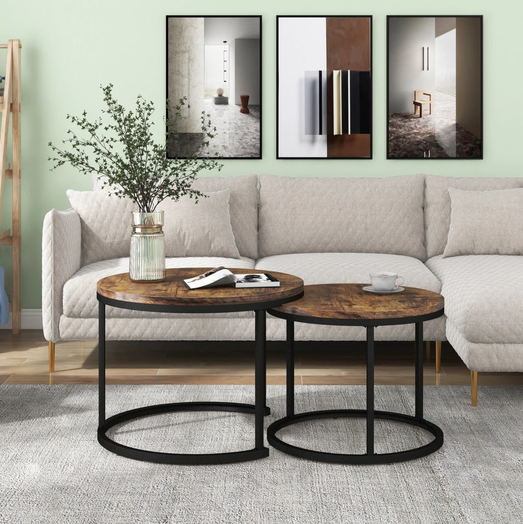Set di 2 tavolini da caffè rotondi impilabili in MDF marrone