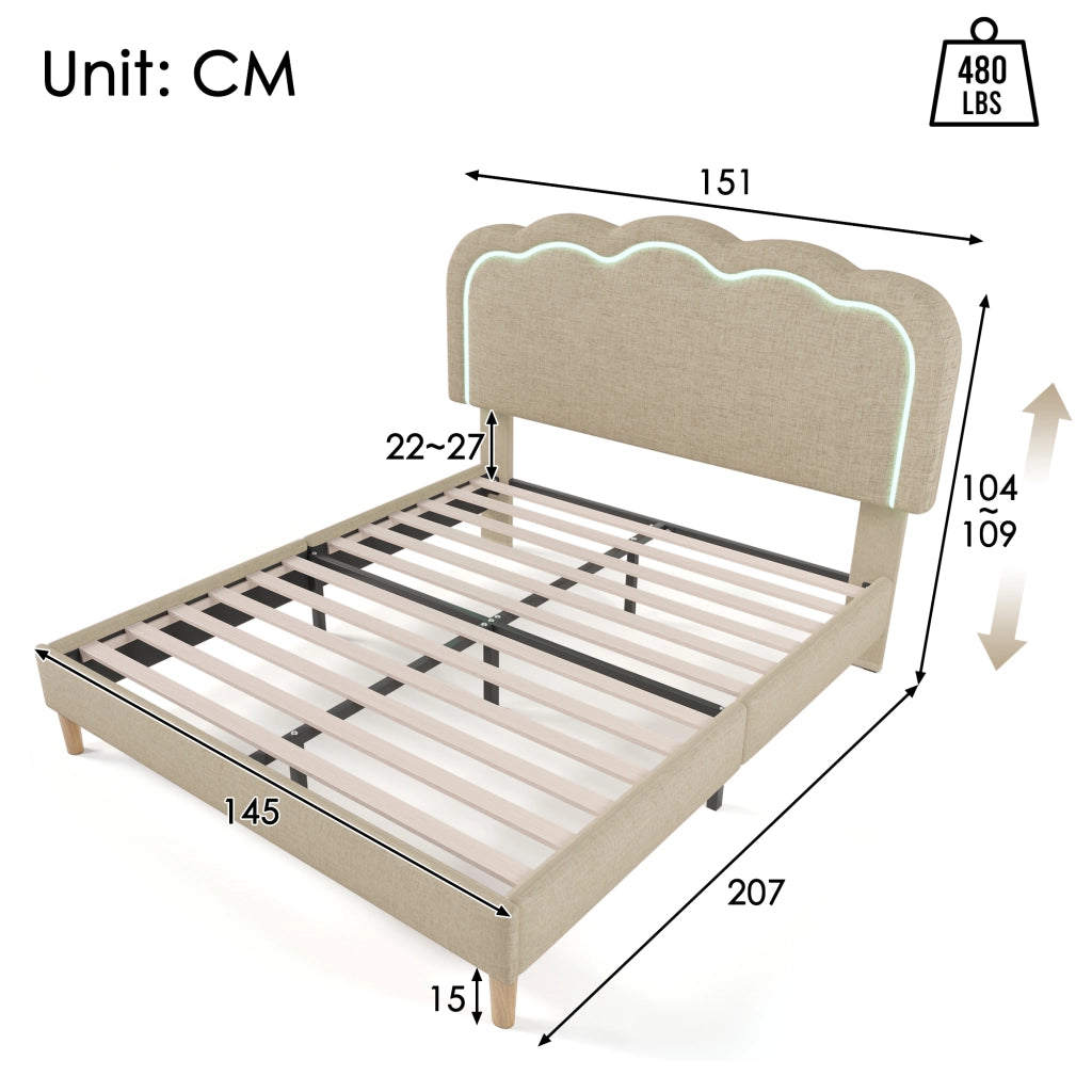 DESMIU Letto Imbottito Letto Matrimoniale con LED Regolabile e Testiera Regolabile 140 × 200 cm, Senza Materasso, Beige