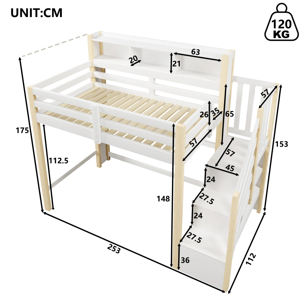 Letto a castello 90×200 cm; letto singolo con led; scala contenitore; senza materasso; in pino; bianco naturale