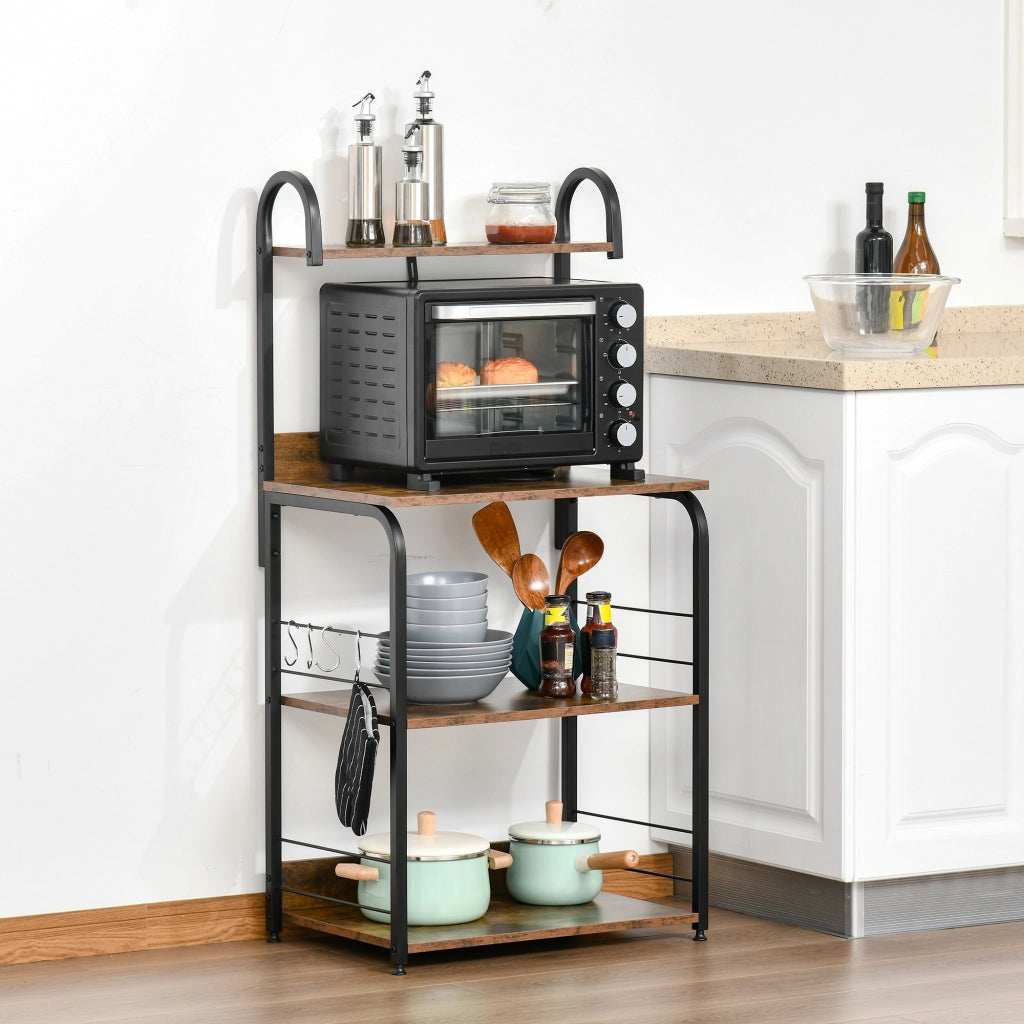Mobiletto per Microonde, Scaffale da Cucina a 4 Ripiani e 4 Ganci, Mobile Cucina in Acciaio e Legno 60x40x125cm, Marrone Rustico