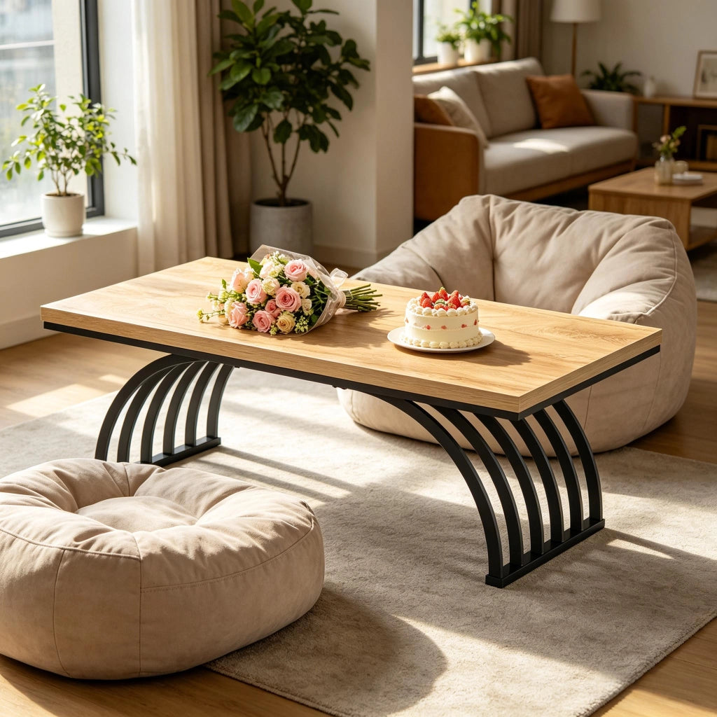 Tavolino da salotto con piano da 120 cm e struttura in metallo; design aperto per soggiorno; nero e marrone