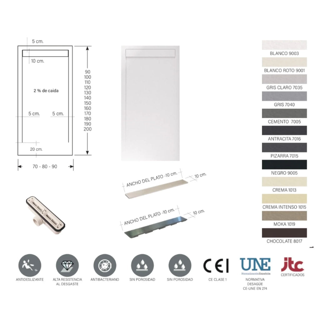 Piatto doccia Bidai con bordo 70X170 cm colore Crema RAL 1013 griglia Crema