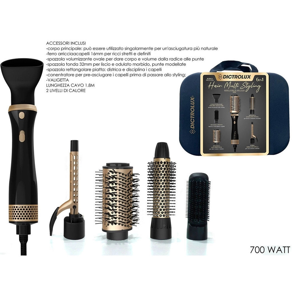 Trade Shop - Kit Spazzola Phon Multiuso Modellante Ad Aria Calda 6 In 1 700 W Con Valigetta Accessori -