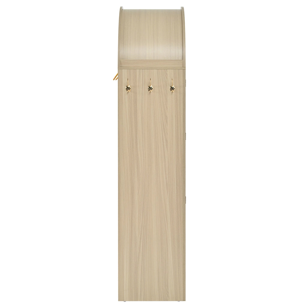Credenza con ripiani aperti, armadietto con ante in rattan, doppi cassetti e ganci laterali, in MDF rovere