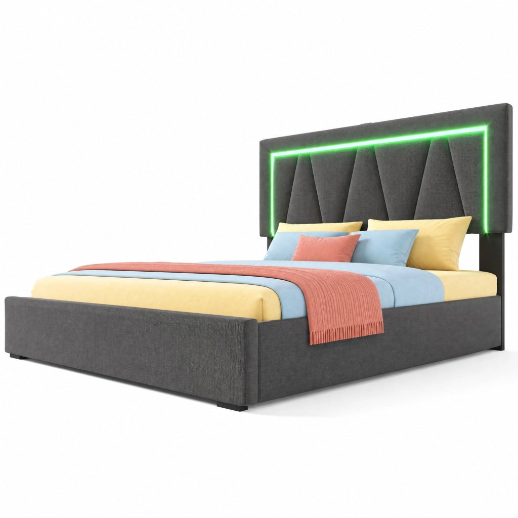 Letto imbottito con LED, USB e vano contenitore