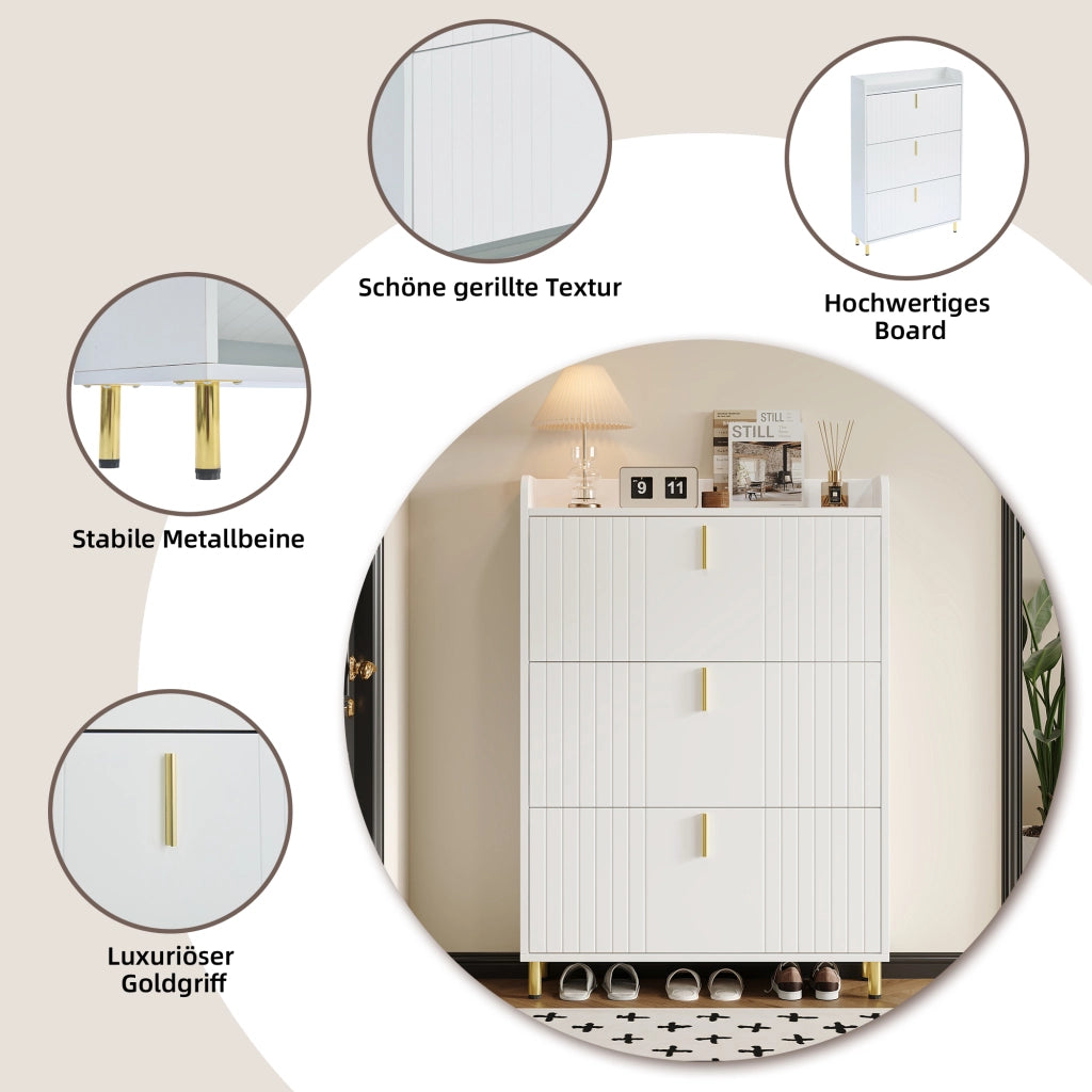 Scarpiera con 3 ribalte e ripiani regolabili in MDF bianco opaco con piedini e maniglie oro 80 × 23 × 123.5 cm