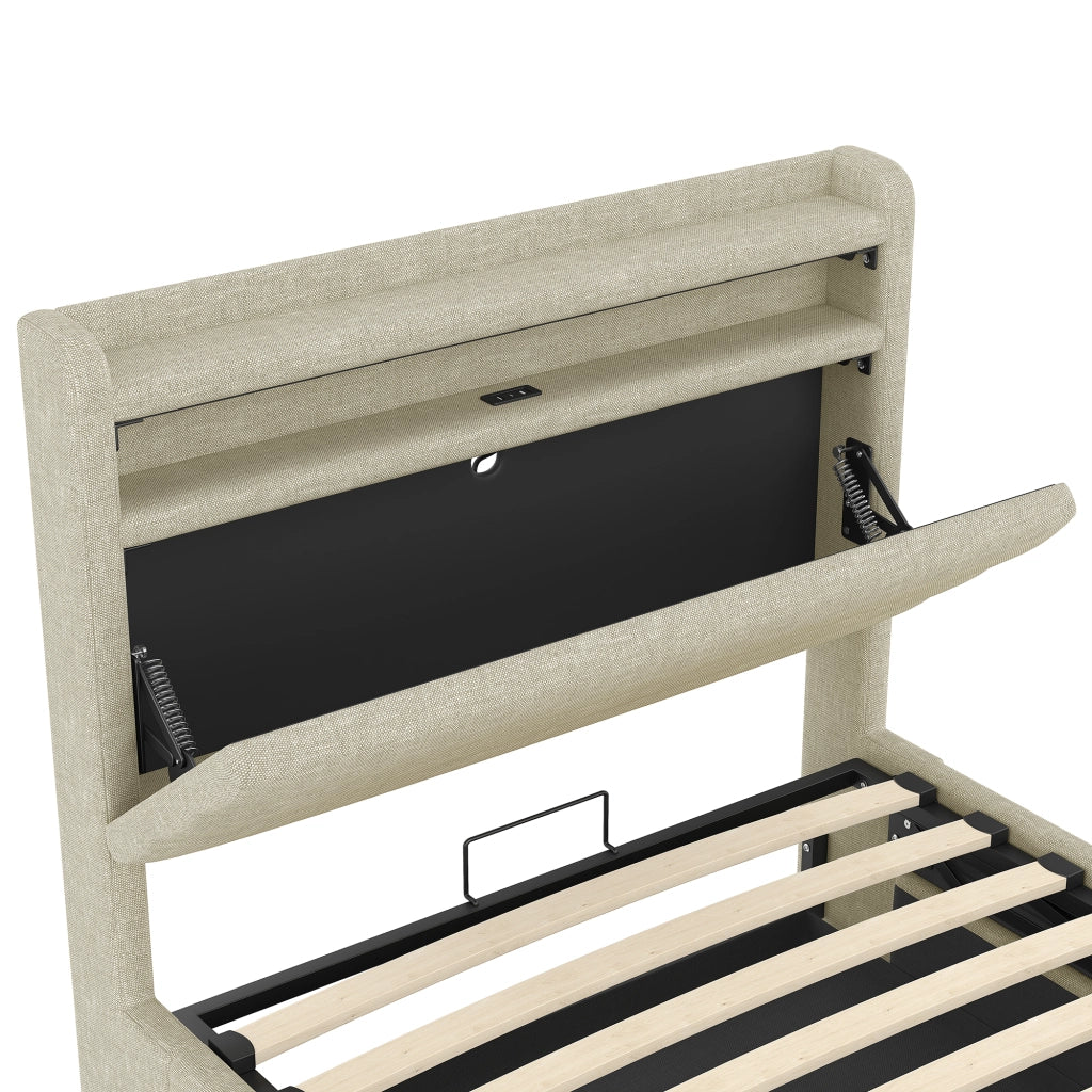 LETTO Contenitore 90x200 cm in lino beige con LED, USB e Type-C