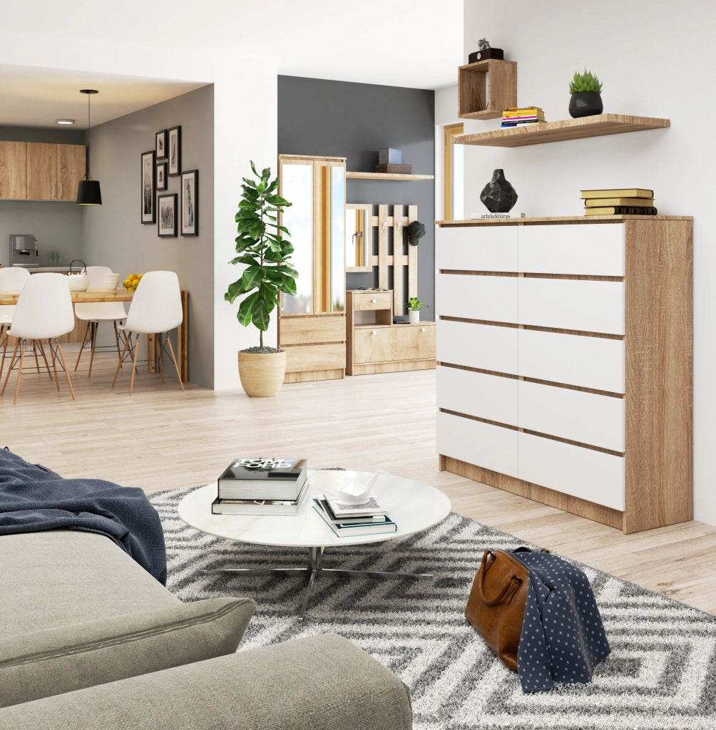 Cassettiera AKORD K120 Sonoma Quercia 120 cm 10 cassetti inserto frontale Bianco 120x40x121 cm