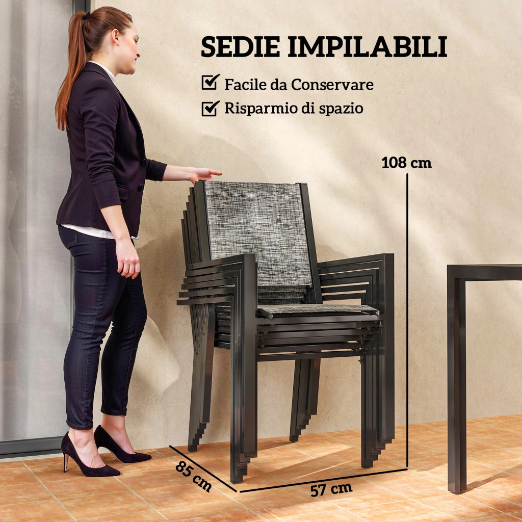 Set da Giardino 7 Pezzi con Tavolo Rettangolare e 6 Sedie Impilabili Traspiranti in Acciaio Grigio e Nero