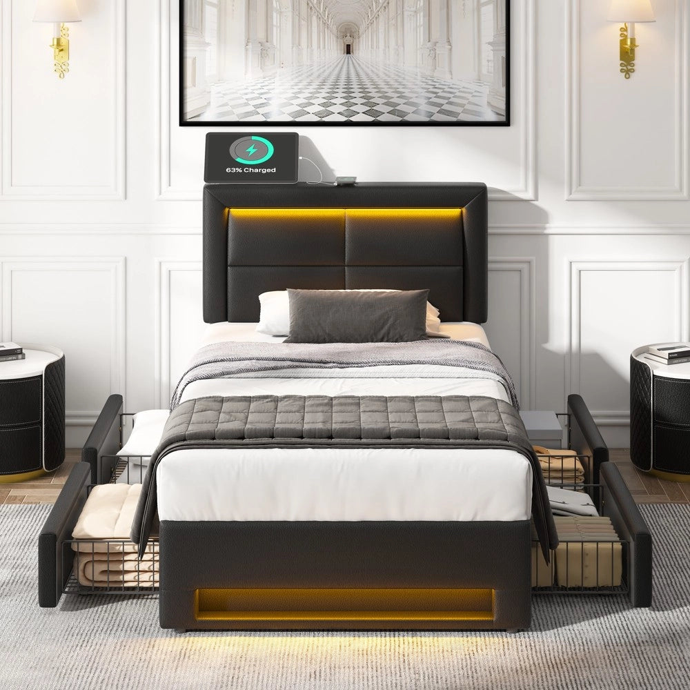 Letto Imbottito con LED e Cassetti ¨C MINIMAL ¨C Similpelle Nero 90x200