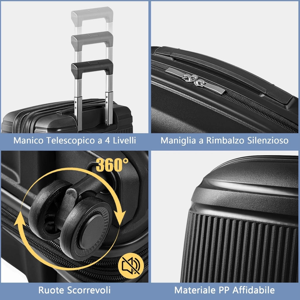Set di Bagagli da 2 Pezzi, Valigia Trolley da 20" e Casetta da Trucco da 14" in Materiale PP Rigido Leggero con Lucchetto TSA, Porta USB e Ruote Girevoli, Bagaglio a Mano Espandibile (Nero)
