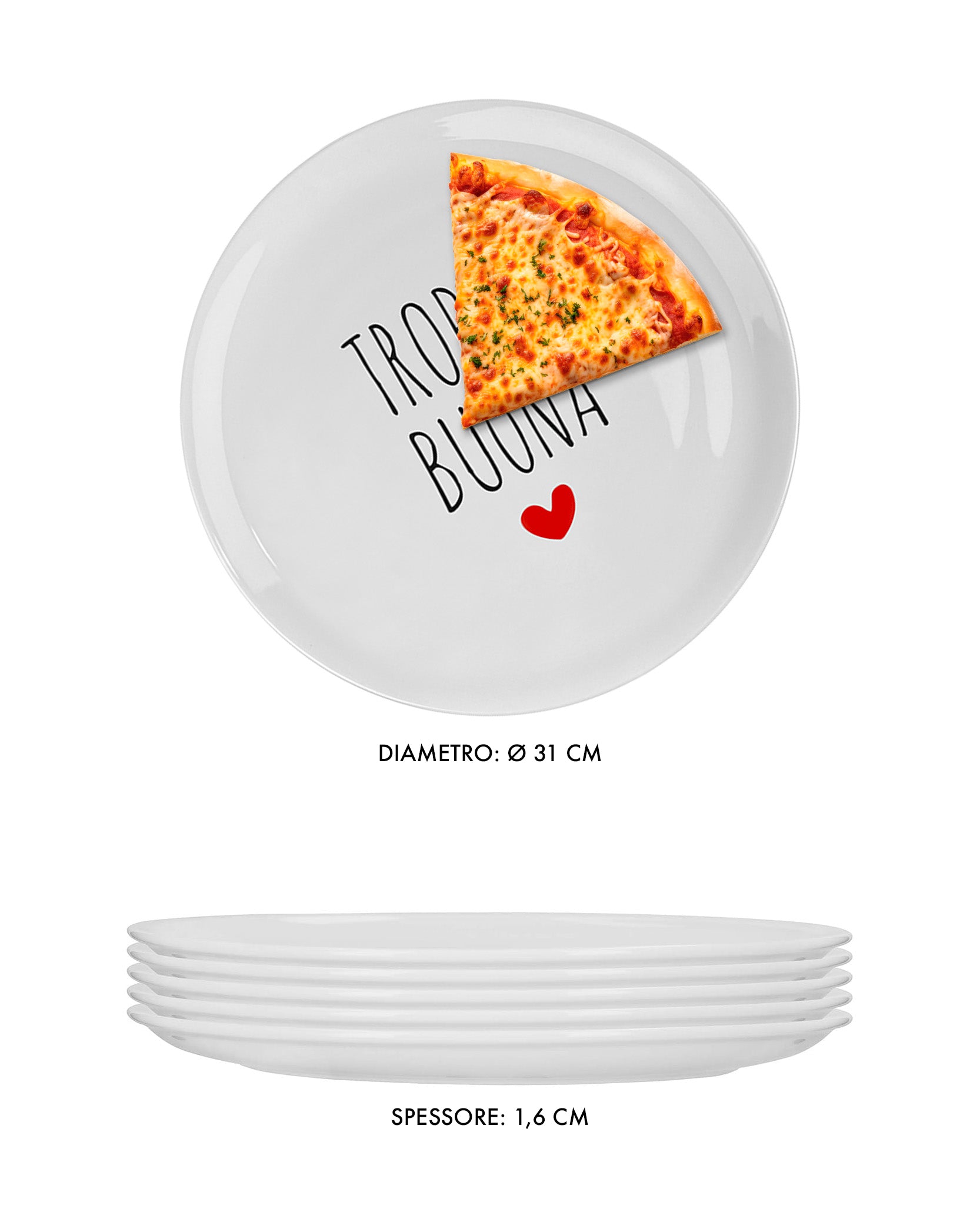 Set Di 6 Pezzi Piatti Per Pizza Grandi In Porcellana Piatto Cucina Pizze Piatti Piani Xxl Decorati Con Scritte  - Diametro 33cm