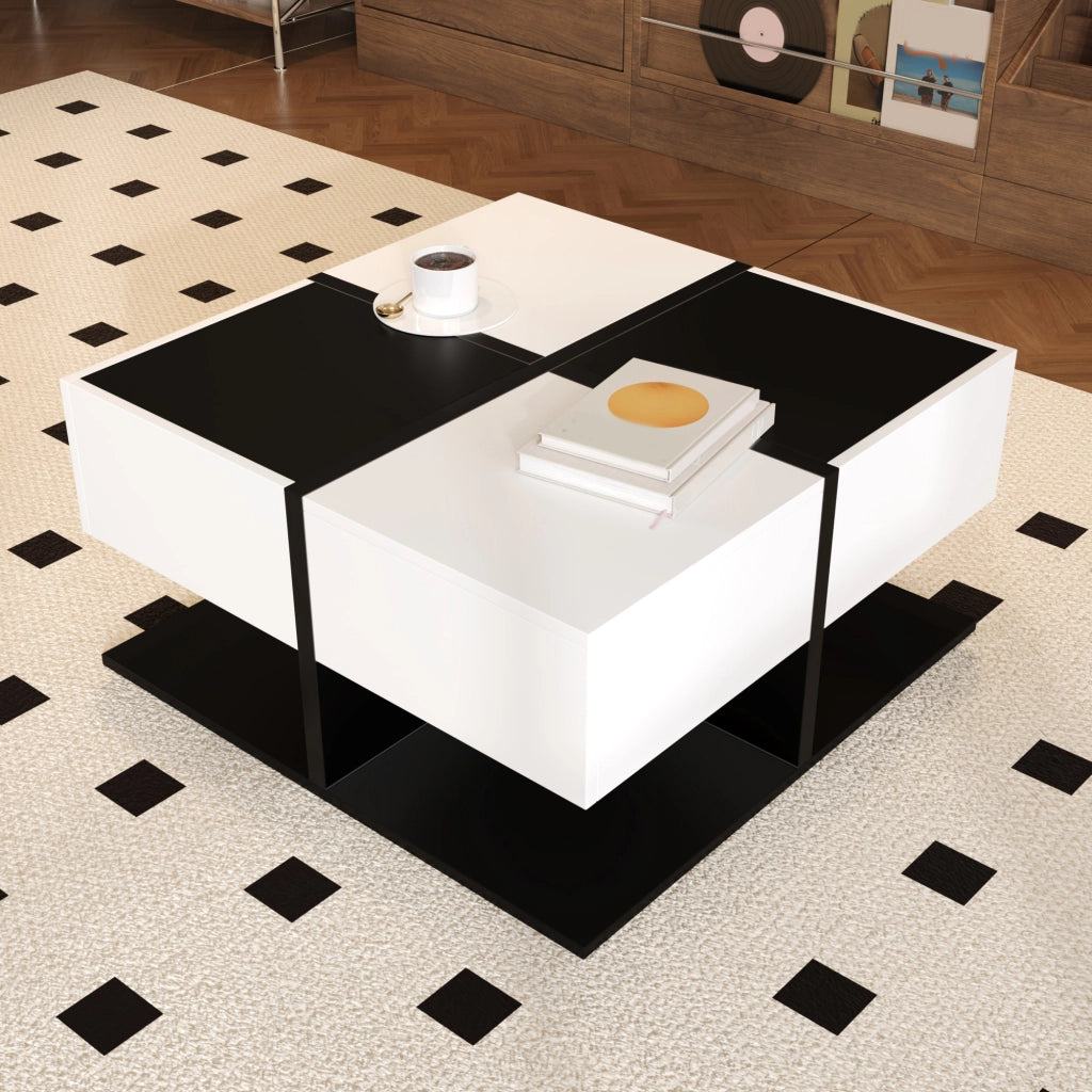 Tavolino da Salotto Quadrato Nero e Bianco con 2 Cassetti, 70 x 70 x 35,5 cm, in Truciolare, con Struttura Stabile e Guide Scorrevoli