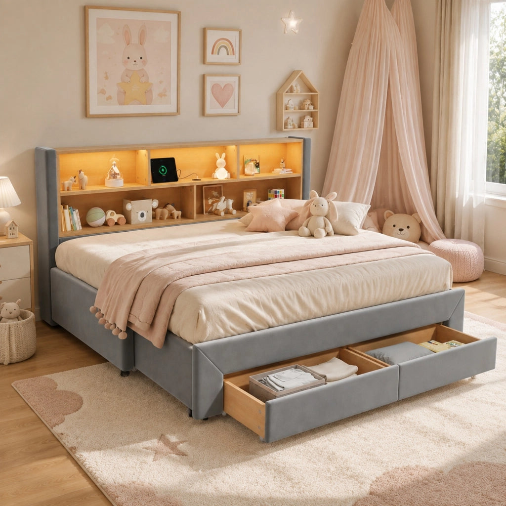 LETTO Estraibile 90x200 cm in velluto grigio con cassetti, USB e LED