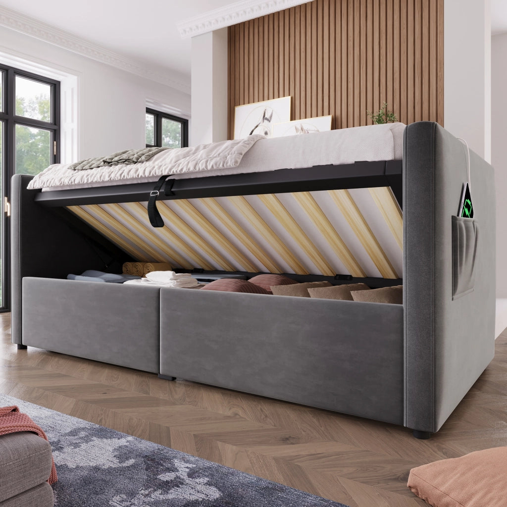LETTO Divano 90x190 cm in velluto grigio con contenitore e USB Type-C