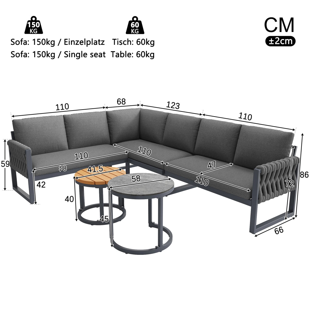 Set lounge da giardino per 5-6 persone modulare con 2 divani, 2 tavolini, olefin, grigio, cuscini sfoderabili