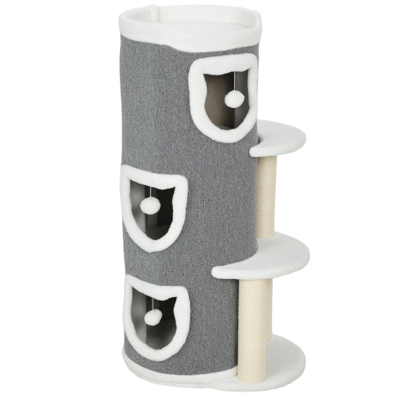 Torre per gatti da 101 cm, 3 livelli, 3 cucce per dormire, palline da gioco, tiragraffi, sisal, truciolato, grigio