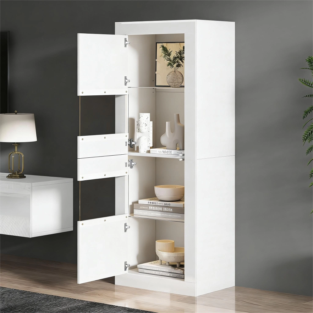 Vetrina con 2 ante e 4 vani con ripiani regolabili in vetro e LED per soggiorno o sala da pranzo 61×42×162 cm