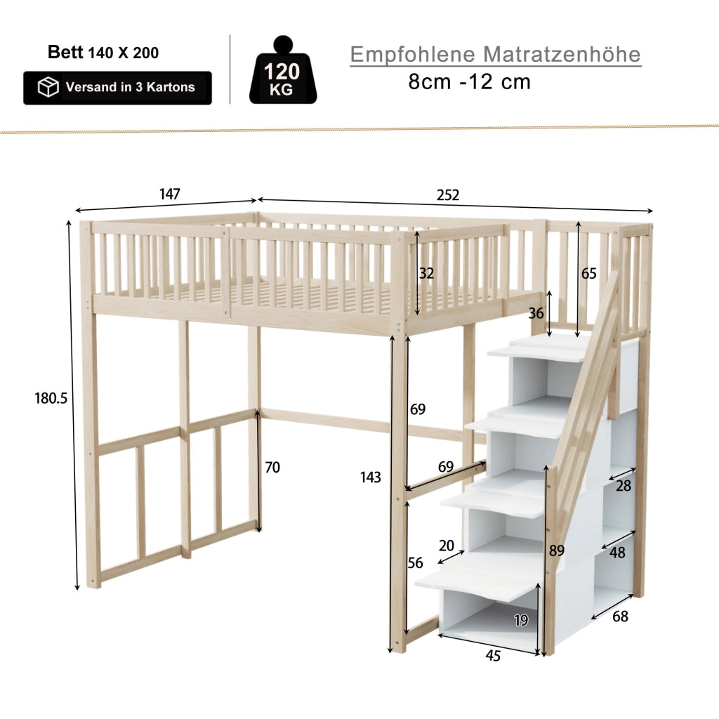Letto a soppalco in pino massello con scala contenitore di sicurezza e recinzione; colore legno; 140x200 cm; senza materasso