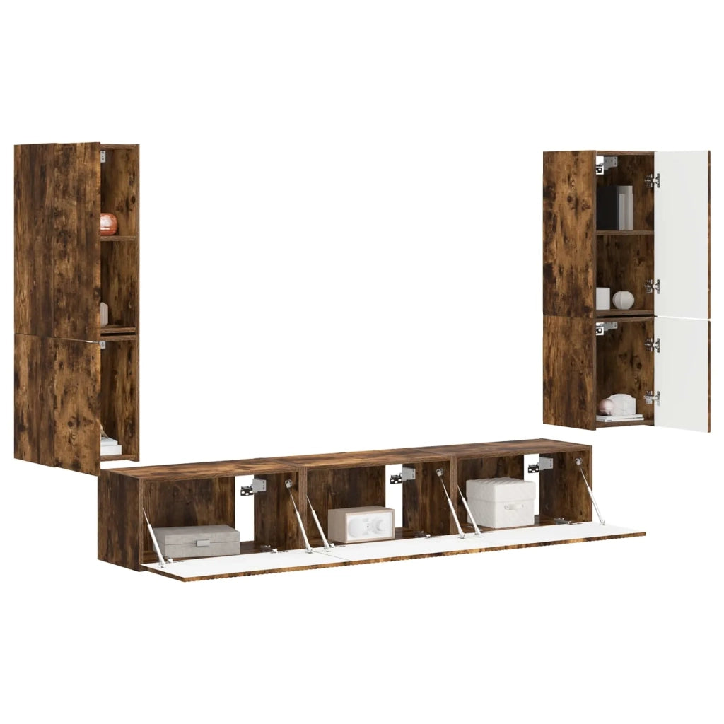 Set mobile TV 4 pz-Credenza per TV Rovere fum¨¦ Legno multistrato 584217