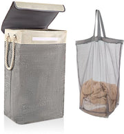 Wascio opvougbile con coperchio 84L, wasco con sacco e maniglia di corda, grande, adatto per camera da letto, bagno, area lavanderia 68 x 42 x 31 cm Beige + grigio