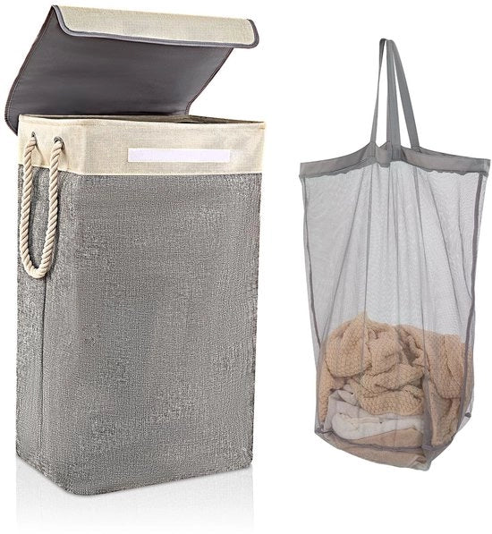 Wascio opvougbile con coperchio 84L, wasco con sacco e maniglia di corda, grande, adatto per camera da letto, bagno, area lavanderia 68 x 42 x 31 cm Beige + grigio