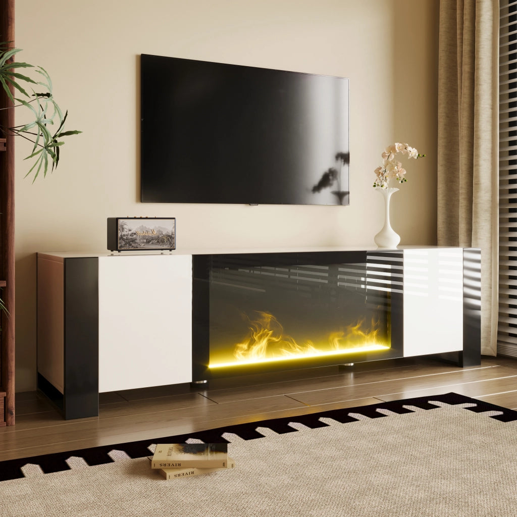 OKWISH Mobile TV con 2 Ante e Ripiani, Camino Elettrico con Effetto Fiamma senza Riscaldamento, per Soggiorno, 165 x 32 x 55 cm