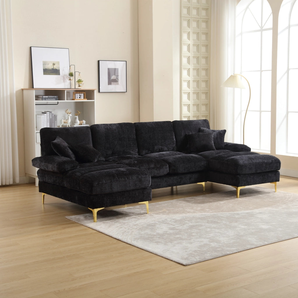 Divano Panoramico a U con Doppia Chaise Longue, 4 Cuscini Schienale, Gambe in Metallo, Ciniglia Nero 272 × 136 × 88 cm